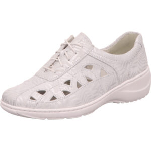 Waldläufer Halbschuh Damen geschnürt weiß mit silber Blatt Musterung und weißer Sohle