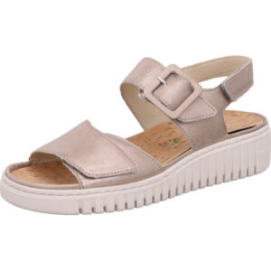 Waldläufer Sandalette Damen mit Klettverschluss und Schnalle beige mit weißer Sohle
