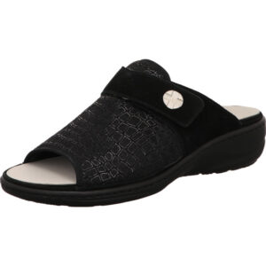 Waldläufer Damen Pantolette schwarz mit Klett und silber Dekostein mit schwarzer Sohle