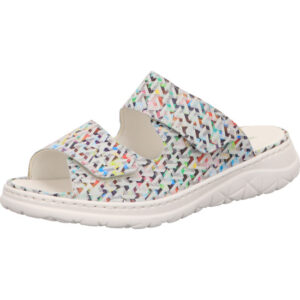 Waldläufer Pantolette Damen mit Klettverschluss bunte Musterung und weißer Sohle