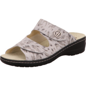 Hickersberger Damen Pantolette grau mit Muster und Klett mit hellem Fußbett und schwarzer Sohle