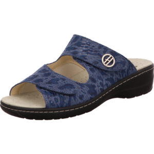 Hickersberger Damen Pantolette blau mit Muster und Klett mit hellem Fußbett und schwarzer Sohle