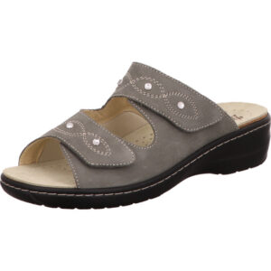 Hickersberger Damen Pantolette grau mit Glitzersteinen und Klett mit braunem Fußbett und schwarzer Sohle