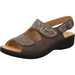 Hickersberger Damen Pantolette grau braun mit silber und Schnalle mit Klett und braunem Fußbett mit schwarzer Sohle