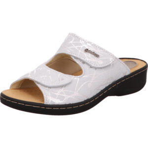 Hickersberger Damen Pantolette weiß mit silber und Klett mit braunem Fußbett und schwarzer Sohle