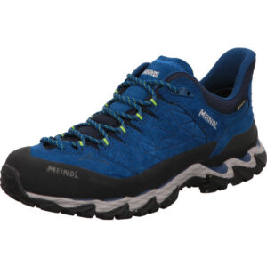 Meindl Wanderschuh halb Sion GTX in der Farbe blau mit schwarzem Gürtelrand vorn