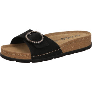 Rohde Damen Pantolette schwarz mit silber Schnalle mit brauner Sohle