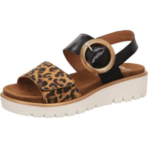 Ara Damen schwarz mit Leoprint kombi mit Schnalle und braunem Fußbett mit weißer Sohle