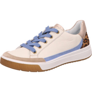 Ara Damen Halbschuh Schnürer weiß mit blau und Leoprint mit blauer Schnürung und heller Sohle