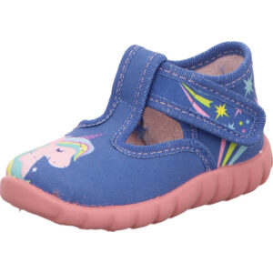 Fischer Kinderhausschuh Mädchen blau mit Einhornkopf und Klett mit rosa Sohle