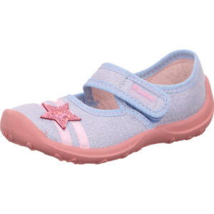 Fischer Kinder Hausschuh geschlossen hellblau mit rosa Glitzer Stern und Klett mit rosa Sohle