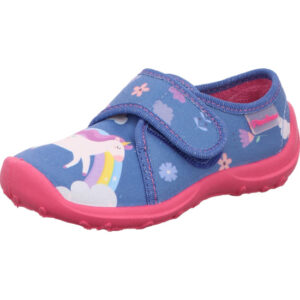 Fischer Kinderhausschuh Mädchen blau mit Einhorn und Regenbogen und Blumen mit Klett und pinker Sohle