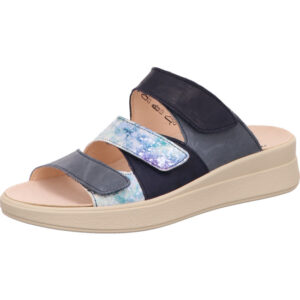 Think Damen Pantolette blau kombi mit Klett und beiger Sohle