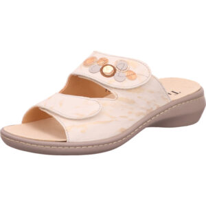 Think Damen Pantolette weiß beige mit Klett und beiger Sohle