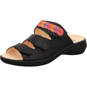 Think Damen Pantolette schwarz mit bunten Akzenten und Klett mit schwarzer Sohle