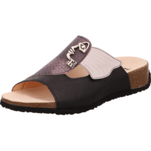 Think Damen Pantolette schwarz mit lila und beige mit Dekoornament und hellem Fußbett mit schwarzer Sohle