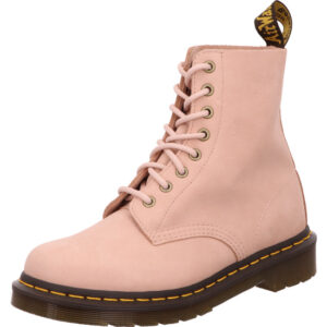 Dr Martens Damen Stiefelette Schnürer rosa mit rosa Schnürung und dunkler Sohle mit gelber Naht
