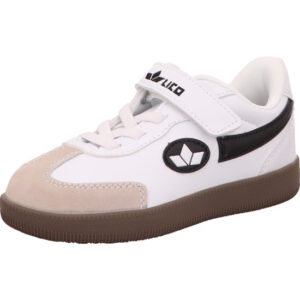 Lico Kinder Sportschuh weiß mit beiger Kappe mit schwarzem Logo und brauner Sohle und Klett