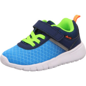 Lico Kindersportschuh Jungs blau mit dunkelblau und grün mit Klett und weißer Sohle
