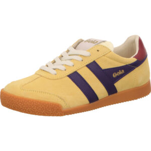Gola Senaker Damen gelb bordeaux mit blauen Streifen mit goldenem Logo und weißer Schnürung mit brauner Sohle