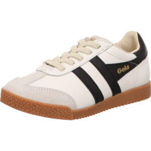 Gola Sneaker Damen weiß kombi mit schwarzen Streifen und goldenem Logo mit weißer Schnürung und brauner Sohle