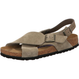 Birkenstock Tulum Sandale Farbe taupe nubuk mit Schnalle hinten und Kreuzschnalle vorne