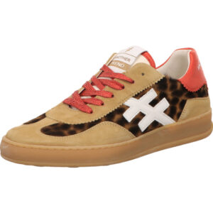 Another Trend Damen Halbschuh Schnürer Leoprint mit beige und rot mit roter Schnürung und brauner Sohle