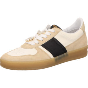 Mjus Damen Halbschuh creme beige kombi mit schwarzem Streifen und brauner Sohle und goldenen Dekosteckern mit Glitzersteinen