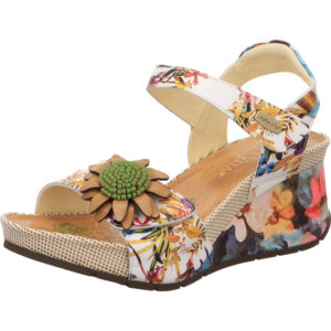 Laura Vita Sandaletten weiß mit Blumenmuster und Klett mit Dekoblume und Keil mit Blumen