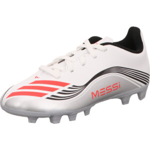 Adidas F50 Messi Club Jugend Fußballschuh weiß mit rot schwarz und Rasensohle