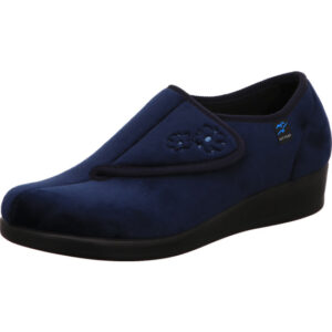 Fly Flot Damen Hausschuh blau samt mit Klett und schwarzer Sohle