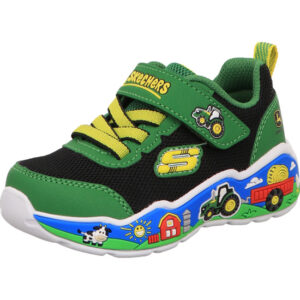 Skechers play scene Kinderschuh grün schwarz mit einem Klett Sohle mit Motiv traktor