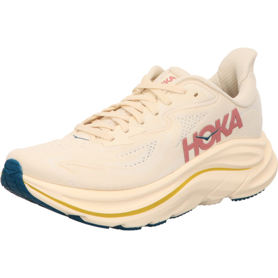 Hoka CLIFTON 10 Damen BIRCH / ALABASTER beige mit auvergine farbenes Logo und gleben Streifen in der Sohle