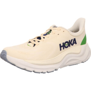 Hoka ARAHI 8 Herren Laufschuhe ALABASTER / BIRCH beige mit grün in der Ferse und schwarzem Hoka Logo