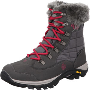 Brütting Damen Boots grau mit pinker Schnürung und grauem Fell mit grau schwarzer Sohle