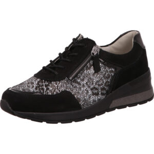 Waldläufer Halbschuh Damen geschnürt mit Reißverschluss an der Seite schwarz mit grauen leoparden Muster