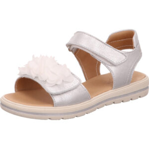 Micio Kinder Ballerinas Mädchen silber mit Klett und weißen Blümchen mit heller Sohle