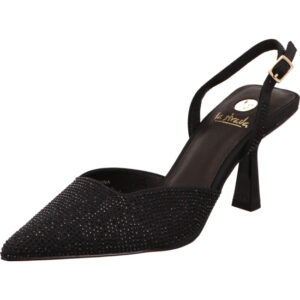 La strada Damen Sling schwarz mit Glitzer und goldener Schnalle mit schwarzem Absatz