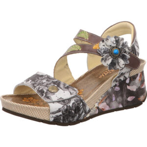 Laura Vita Damen Sandalette weiß braun mit schwarzen Blumen und grünem Farn mit Klett und Keil mit Blumenmuster