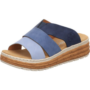 Rieker Damen Pantoletten blau kombi mit brauner Sohle