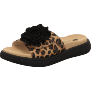 Rieker Damen Pantolette Leoprint mit schwarzer Blume und schwarzer Sohle