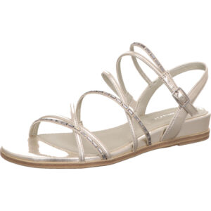 Tamaris Damen Sandalette silber mit silber Schnalle und silber Fußbett mit brauner Sohle