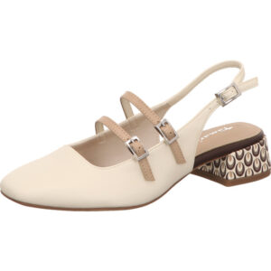 Tamaris Damen Slings offwhite mit beigen Riemen mit Schnallen und braun weißem Absatz