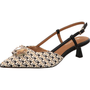 Tamaris Damen Sling schwarz weiß kariert mit schwarzem Riemen und Schnalle mit Dekostein und hellem Fußbett mit schwarzem Absatz