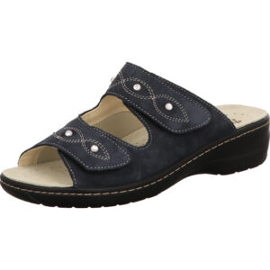 Hickersberger Kräuterschuhe Damen Pantoletten blau mit Klett und Glitzersteinen mit hellem Fußbett und schwarzer Sohle