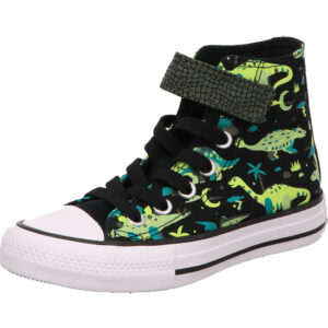 converse kinder ctas 1v hi hoch schwarz mit Dinomotiven klettverschluss oben und heller Sohle