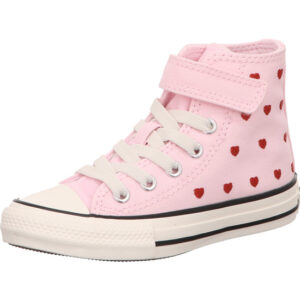 converse ctas 1v hi kindersneaker rosa mit roten herzchen verzierung klettverschluss weisses converse herz logo rechts seitlich