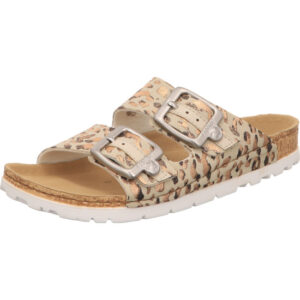Rieker Damenschuh Pantolette Leoprint mit silber Schnallen und weißer Sohle