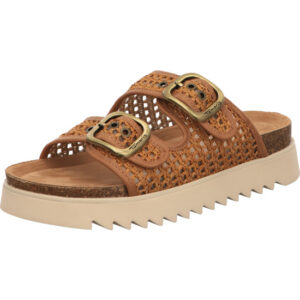 Tamaris Damen Pantolette coganc mit Löchern und goldenen Schnallen mit hellem Fußbett und beiger Sohle