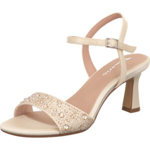 Tamaris Damen Sandalette weiß mit Schnalle und Glitzerriemen mit braunem Fußbett und hellem Absatz